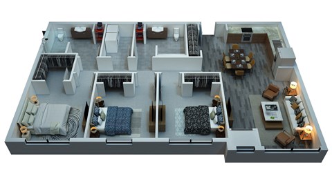 a 3d rendering of a floor plan with a bedroom and living room
